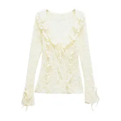 Spring And Summer Women's Long-sleeved Slim Lace Laminated Decoration Top - Beige - View 1