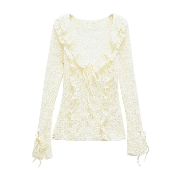 Spring And Summer Women's Long sleeved Slim Lace Laminated Decoration Top Beige - Shop at LoveMi