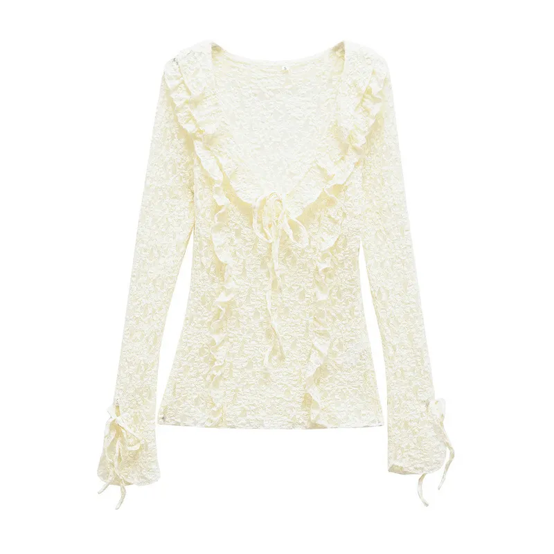 Spring And Summer Women's Long-sleeved Slim Lace Laminated Decoration Top - Beige