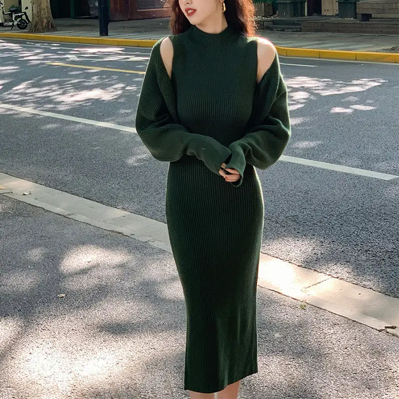 Women's Fashion Slim Suit Knitted Dress Two-piece Set