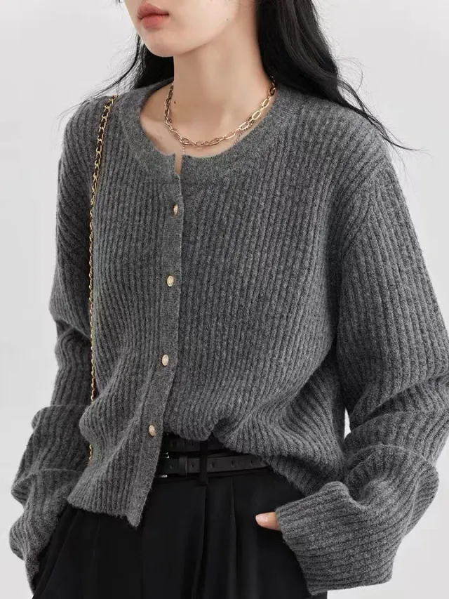 Autumn And Winter Simple Round Neck Knitted Cardigan Gray - Shop at LoveMi