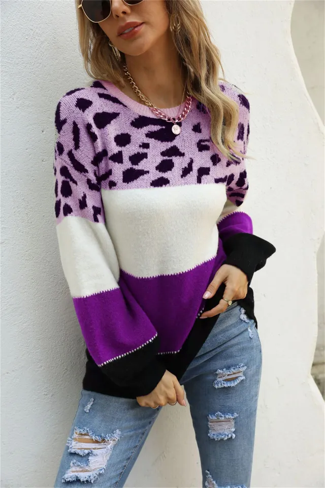 European And American Stitching Leopard Print Plus Size Crew Neck Pullover Sweater Purple - Shop at LoveMi