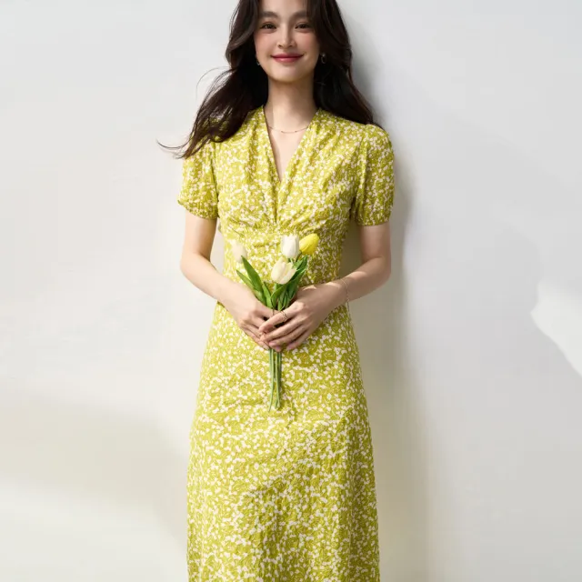 Small Floral High Waist V neck Slimming Mid length Dress Vanilla Green - Shop at LoveMi
