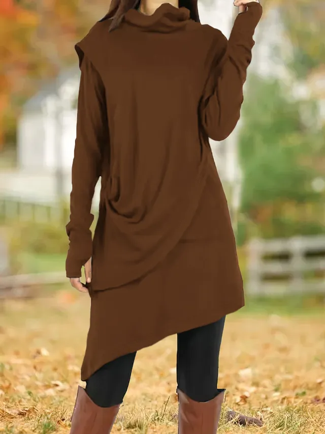 Black High Collar Irregular Fake Two piece Long sleeved Dress Brown - Shop at LoveMi