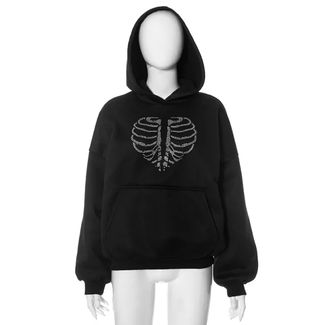 Trendy Skeleton Rhinestone Loose Hooded Sweater Black Y23Tp428 - Shop at LoveMi