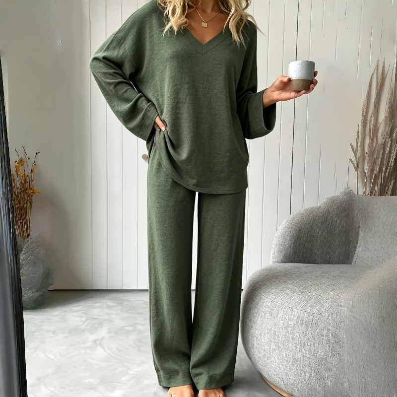 Womens V-neck Two-piece Set With Long Sleeves And Loose-fit Pants