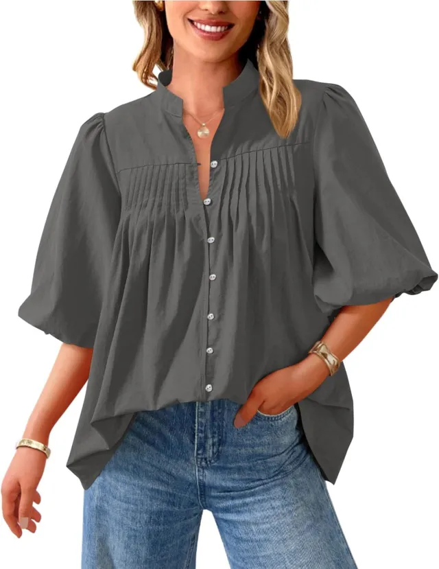 Loose Style Button Shirt Casual Pleated V neck Shirt Gray - Shop at LoveMi