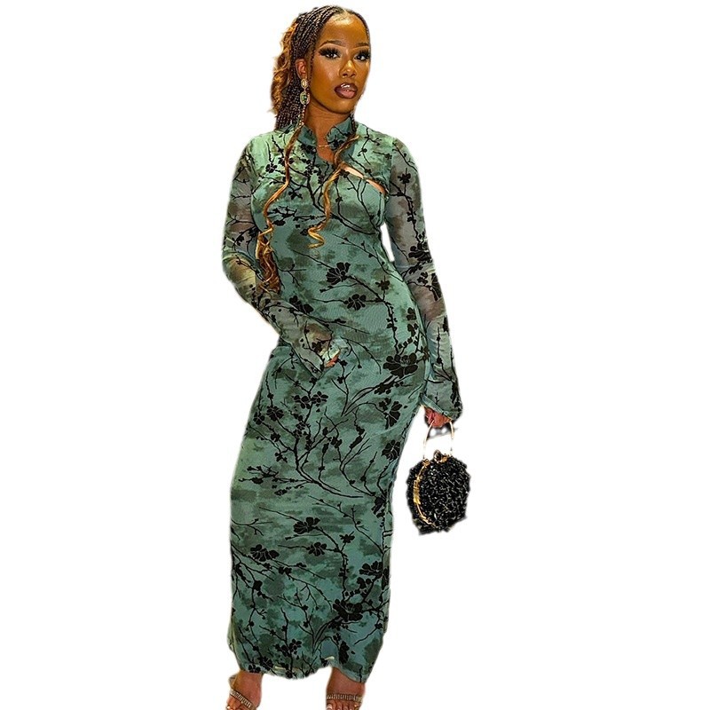 Printed Long Sleeve Pullover Hollow-out Mid-waist Street One-step Skirt