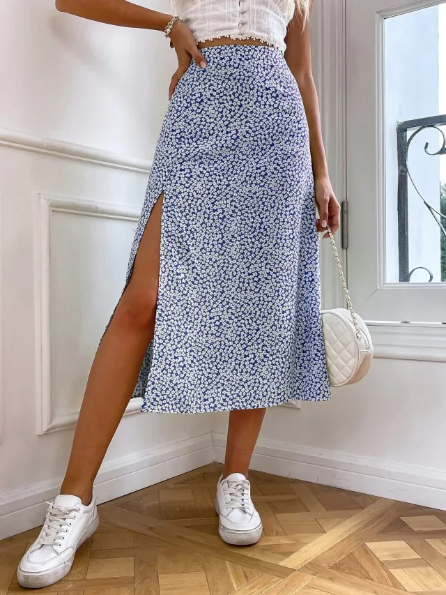 European And American Floral Split A Line Sheath Mid waist Dress Blue - Shop at LoveMi