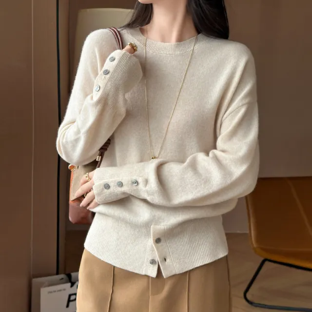 Women's French style Button Split Turtleneck Sweater Raw Velvet Rice - Shop at LoveMi