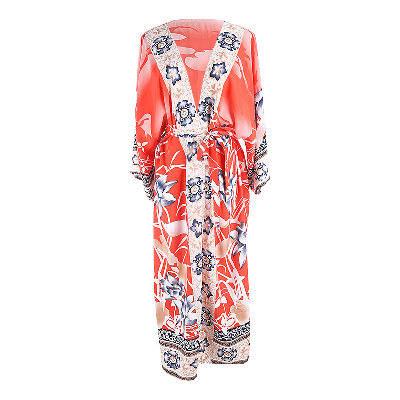 Coral-red Crane-and-flower Kimono Dress With Red Floral Accentssun-protective Cardigan-style Vacation Dress