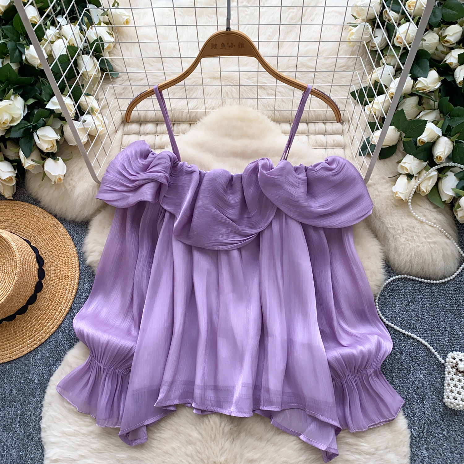 Womens Solid-color Loose Off-shoulder Chiffon Camisole
