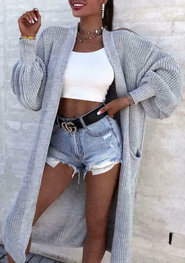 Solid Color Knitwear Pocket Cardigan Mid length Sweater Women's Coat Gray - Shop at LoveMi