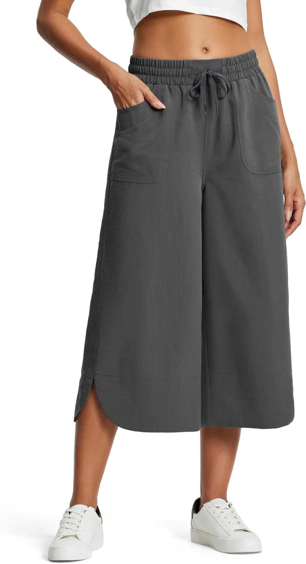 Summer Elastic Waist Solid Color Wide Leg Loose Casual Cropped Pants For Women - Gray