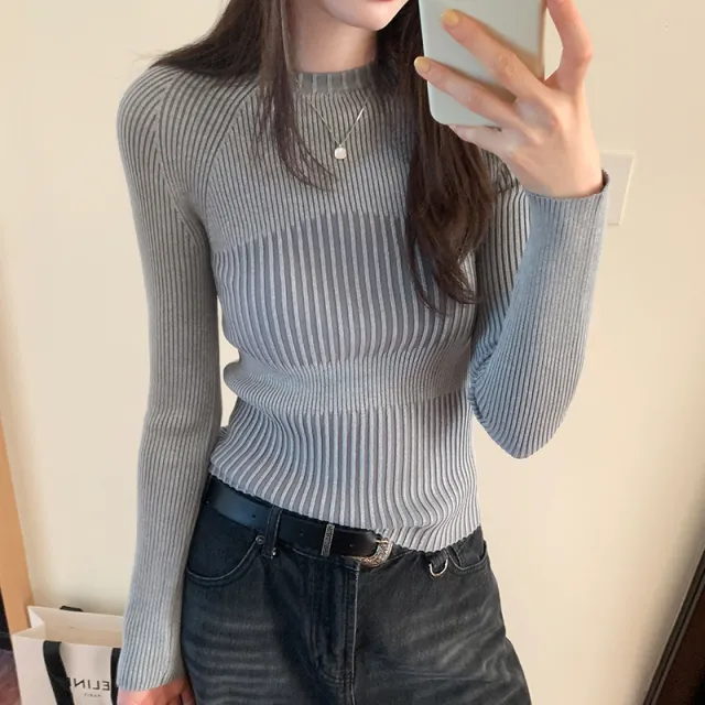 Women's Round Neck Hollow Sweater For Autumn And Winter Within Stripe Thickening Light Gray - Shop at LoveMi