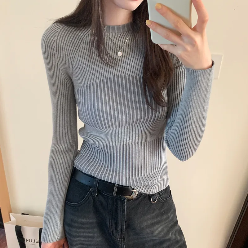 Women's Round Neck Hollow Sweater For Autumn And Winter Within Stripe Thickening - Light Gray