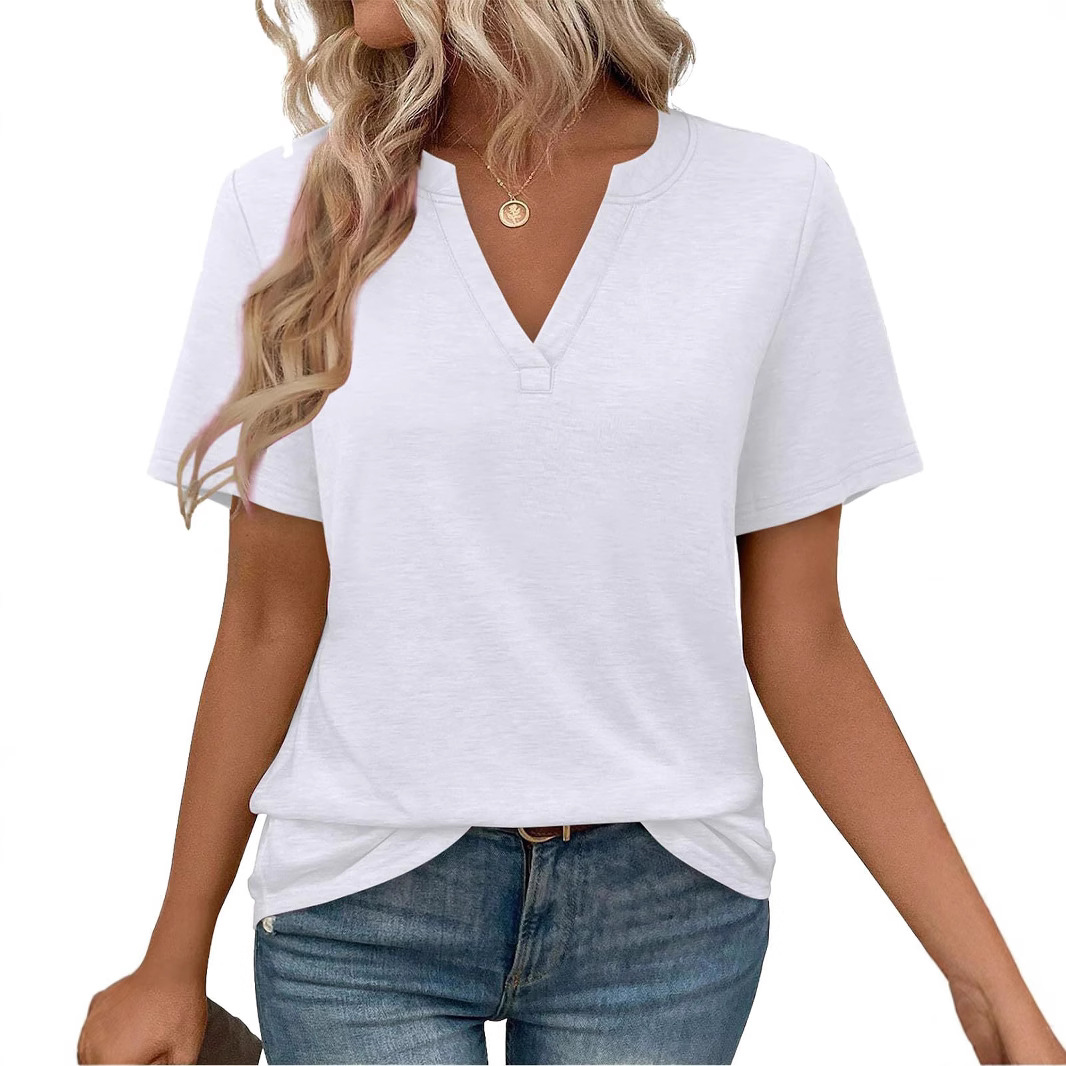 Womens T-shirt With V-neck Loose-fit Casual Solid-color Top