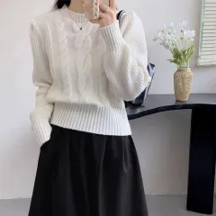 European And American Solid Colour Knitwear Autumn Winter Japanese New Round Neck Pullover Lantern Sleeve Cable-knit Sweater - White - View 1