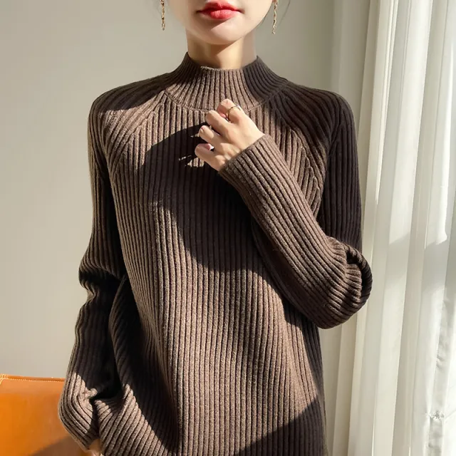 Thickened Bedford Cord Sweater Women's Autumn And Winter Half high Collar Casual Loose Knitted Top Brown - Shop at LoveMi