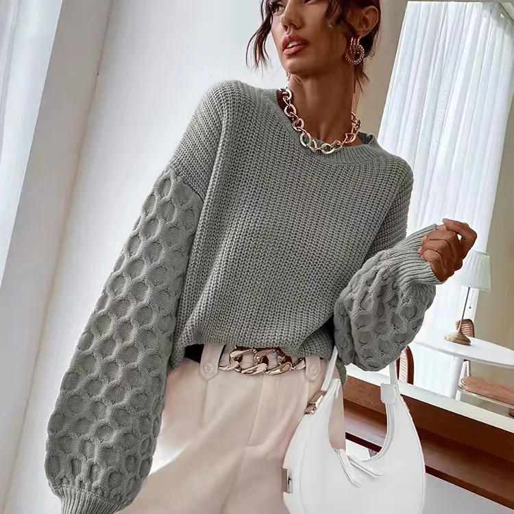 Pullover Knitting Round Neck Sweaters - Grey