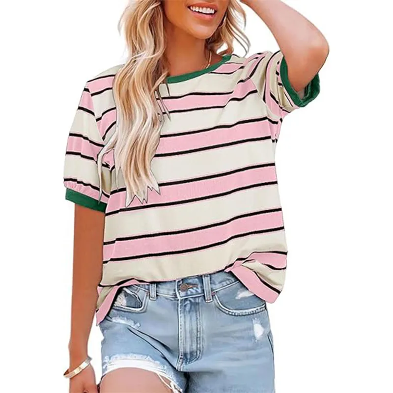 Women's Round Neck Coloured Mosaic Large Striped Loose All-matching Shirt - Pink