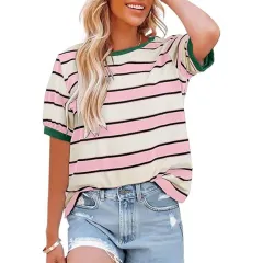 Women's Round Neck Coloured Mosaic Large Striped Loose All-matching Shirt - Pink - View 1