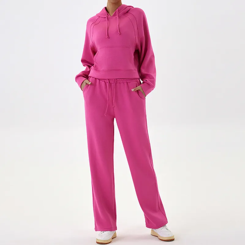 Casual Sweatshirt Sports Outfit Top Wide Leg Pants Two-piece Set - Rose Red