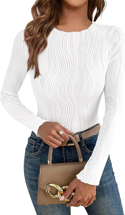 Casual Texture Round Neck Long Sleeve Slim Women's T shirt White - Shop at LoveMi