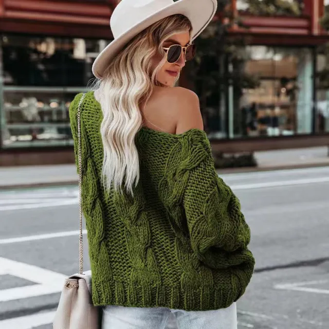 Casual Loose Plus Size Women's Pullover Solid Color Knitted Sweater Green - Shop at LoveMi