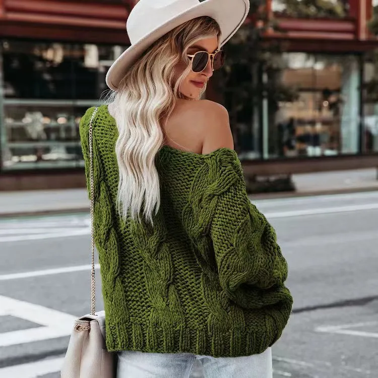 Casual Loose Plus Size Women's Pullover Solid Color Knitted Sweater - Green