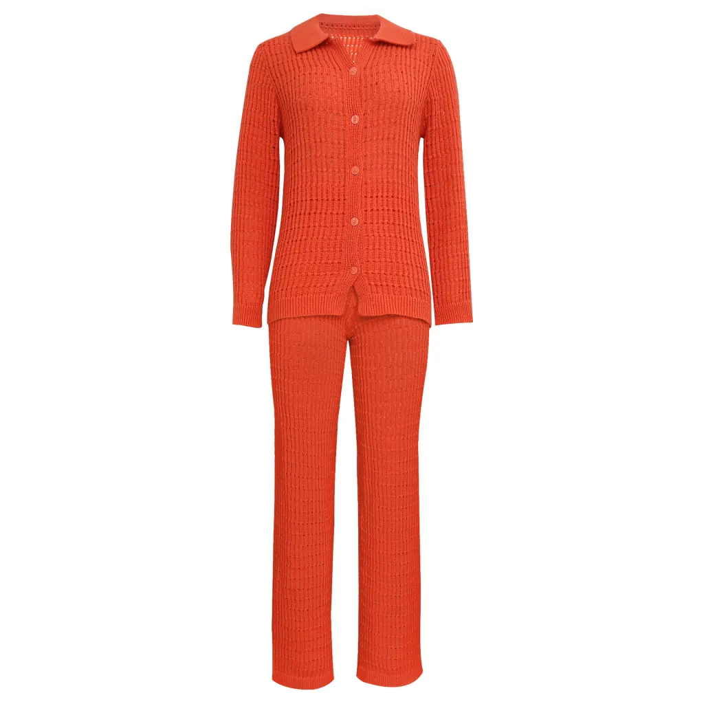 Solid Color Knit Shirt Straight Leg Pants Fashion Suit - Orange