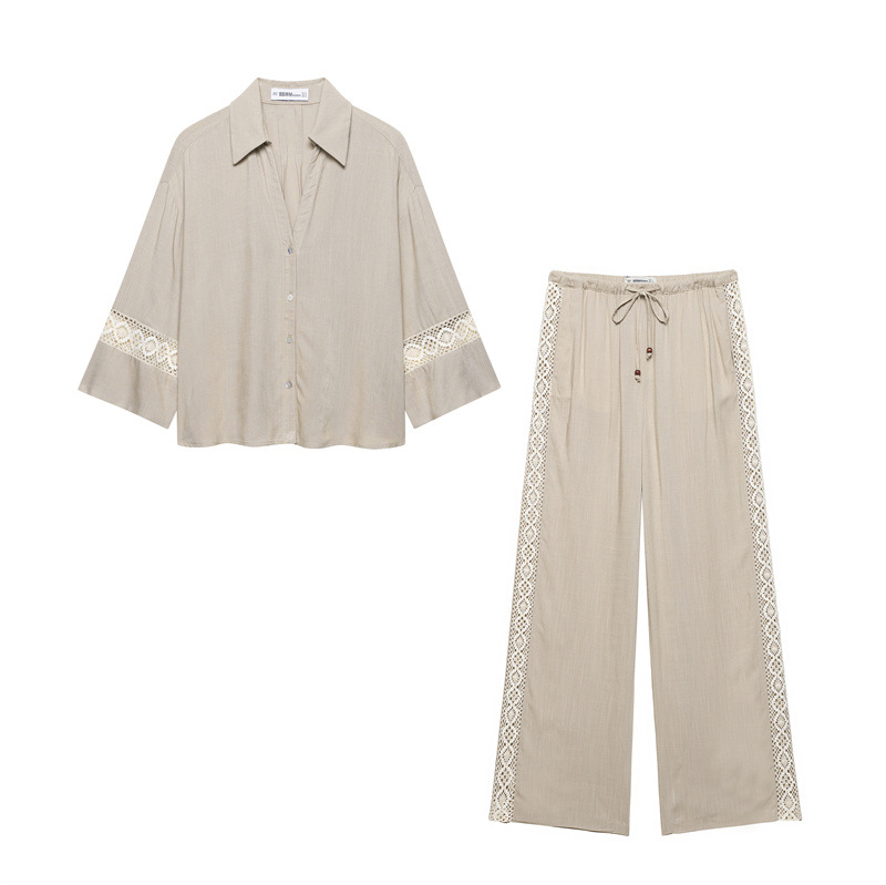 Side Embroidered Striped Wide Leg Pants