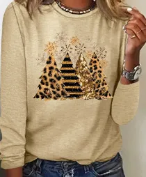 European And American Women's Printed Round Neck Long sleeved T shirt Apricot - Shop at LoveMi