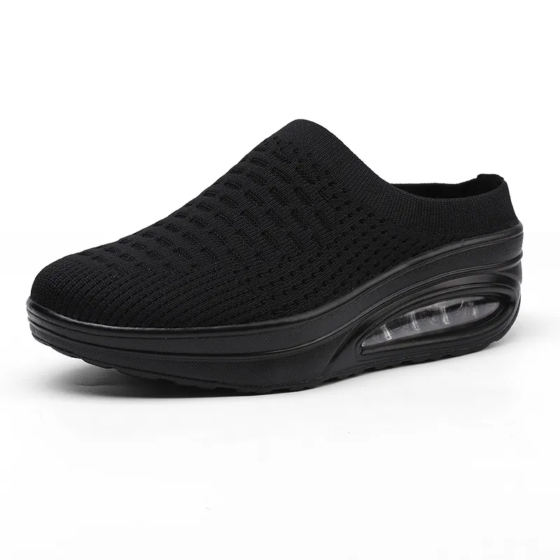 Plus Size Air Cushion Increased Slip-on Wedge Casual Pumps Sports Style Lazy Slippers - Black