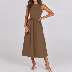 Sleeveless Knitted Stitching Casual Long With Pockets Advanced Sense Dress - Brown - View 1