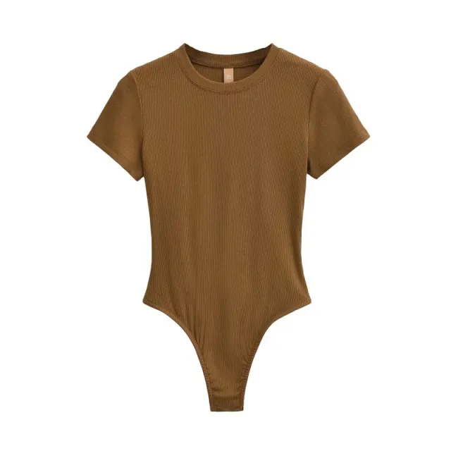 Neck Short Sleeve Rompers Slim Fit Slimming T shirt Top Golden Brown - Shop at LoveMi
