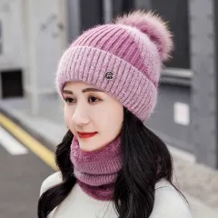 All-match Cycling Warm With Velvet Cold-proof Women's Winter Cotton-padded Cap Scarf Set - Purple - View 1