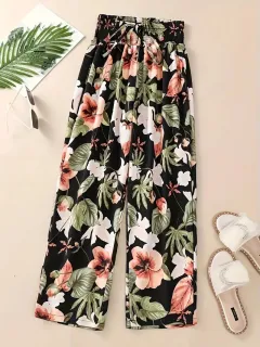 Casual Flower Pants Spring And Summer Thin High Waist Slimming Ice Silk Elastic Floral Straight - Colour - View 1