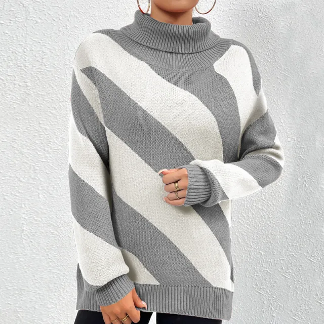 Female Casual Contrast Color Diagonal Stripes Turtleneck Pullover Gray And White Stripes - Shop at LoveMi