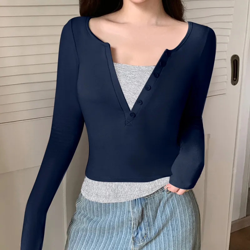 Color Contrast Patchwork Fake Two Pieces Long Sleeve Slim-fit Top - Blue