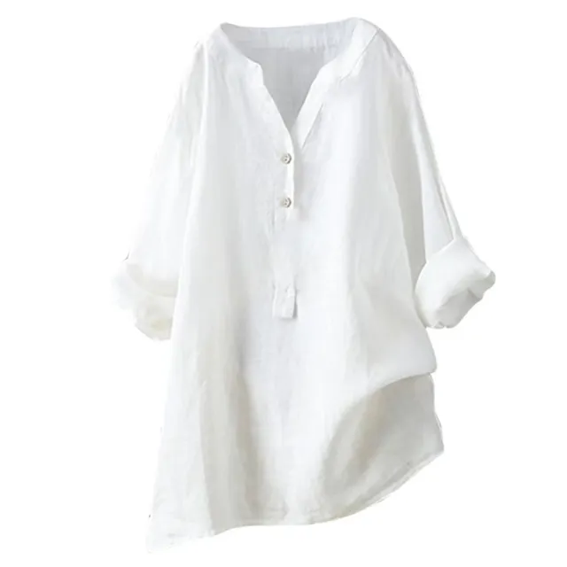 Loose Solid Color Stand Collar Button Long Sleeve Cotton And Linen Top White - Shop at LoveMi