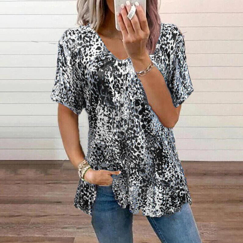 Title 5, Leopard Print Short Sleeve V-neck Top T-shirt W...