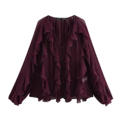 Women's Laminated Fashion V-neck Long Sleeve Shirt - Wine - View 1