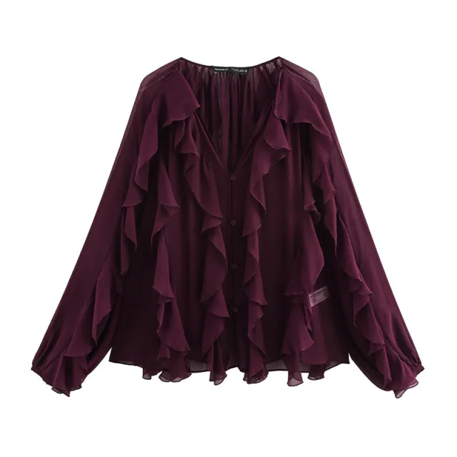 Women's Laminated Fashion V neck Long Sleeve Shirt Wine - Shop at LoveMi
