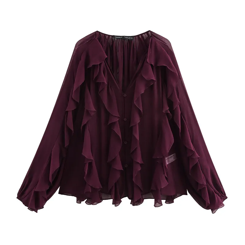 Women's Laminated Fashion V-neck Long Sleeve Shirt - Wine