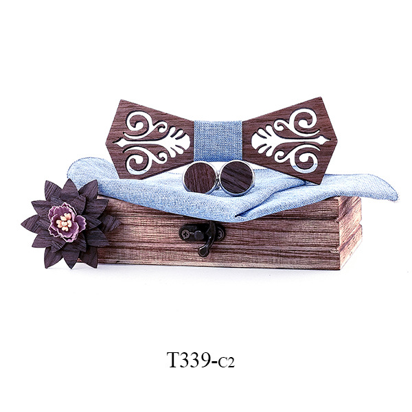 Pointed Hollow Carved Solid Wood Bow Tie Wooden Box Suit
