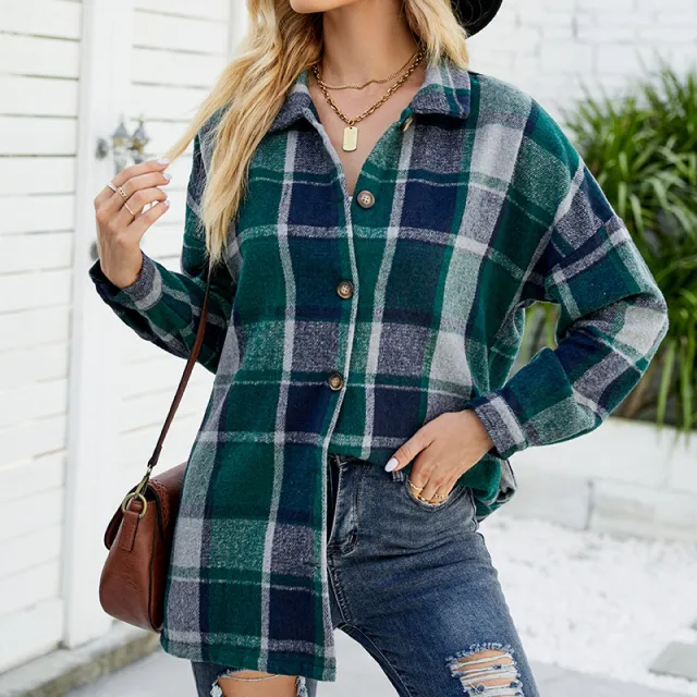 Women's Long sleeved Plaid Shirt Mid length Woolen Coat Green - Shop at LoveMi