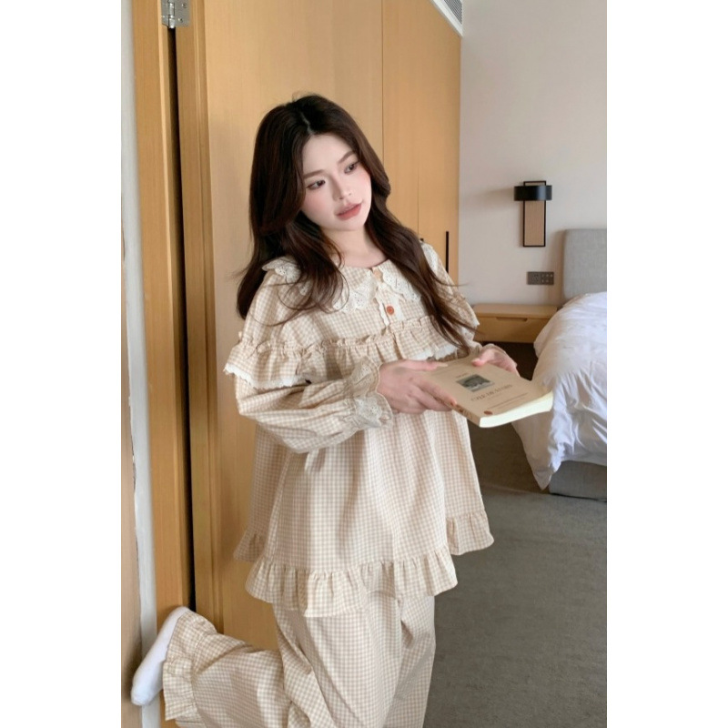 Loose, Breathable Cotton-linen Plaid Long-sleeve Loungewear Set For Indoor And Outdoor Wear