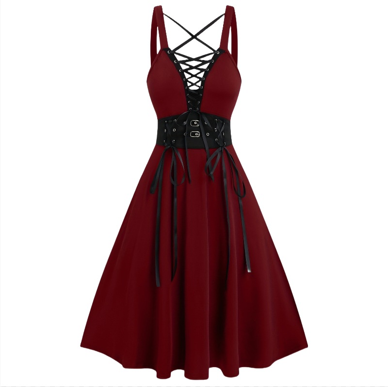 Gothic Lace up Buckle Cross Deep V neck Solid Color High Waist A Line Plus Size Dress Wine - Shop at LoveMi