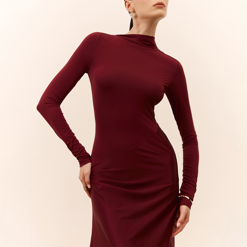 Lady's Solid Color Long Sleeve Slim Dress With Splicing Design Wine - Shop at LoveMi